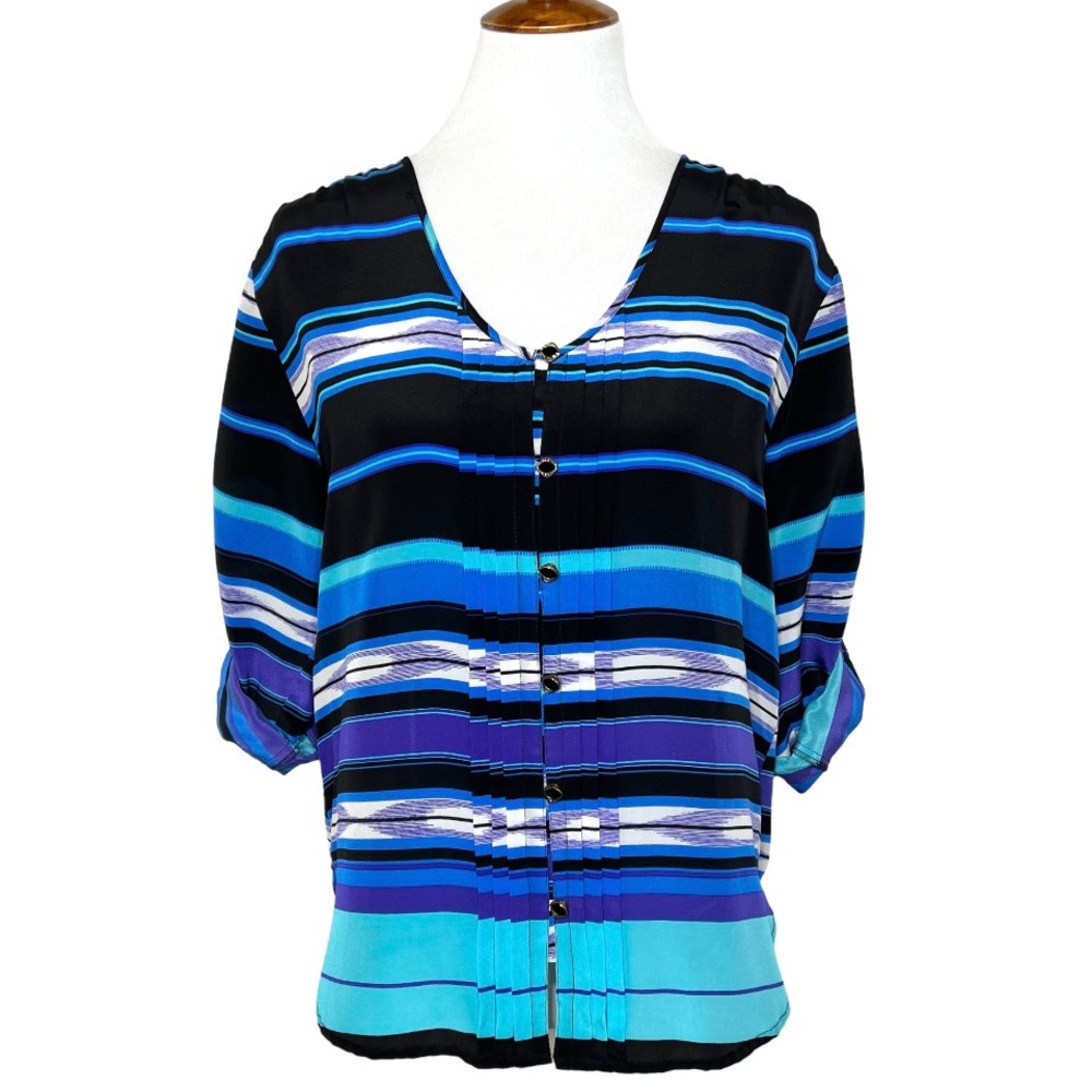 Yumi Kim Silk Blue Black Striped Pleated V Neck 3/4 Sleeve Buttondown Blouse XS